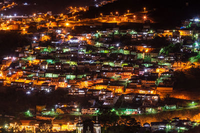 Aerial view of illuminated buildings in city at night