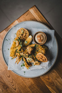 High angle view of food in plate on table