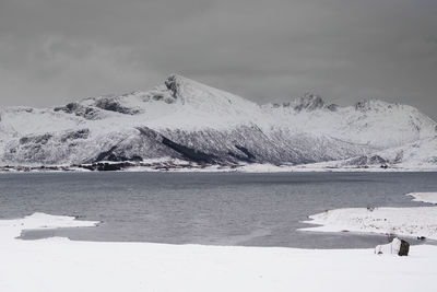 Scenic view of snowcapped mountains by sea against sky