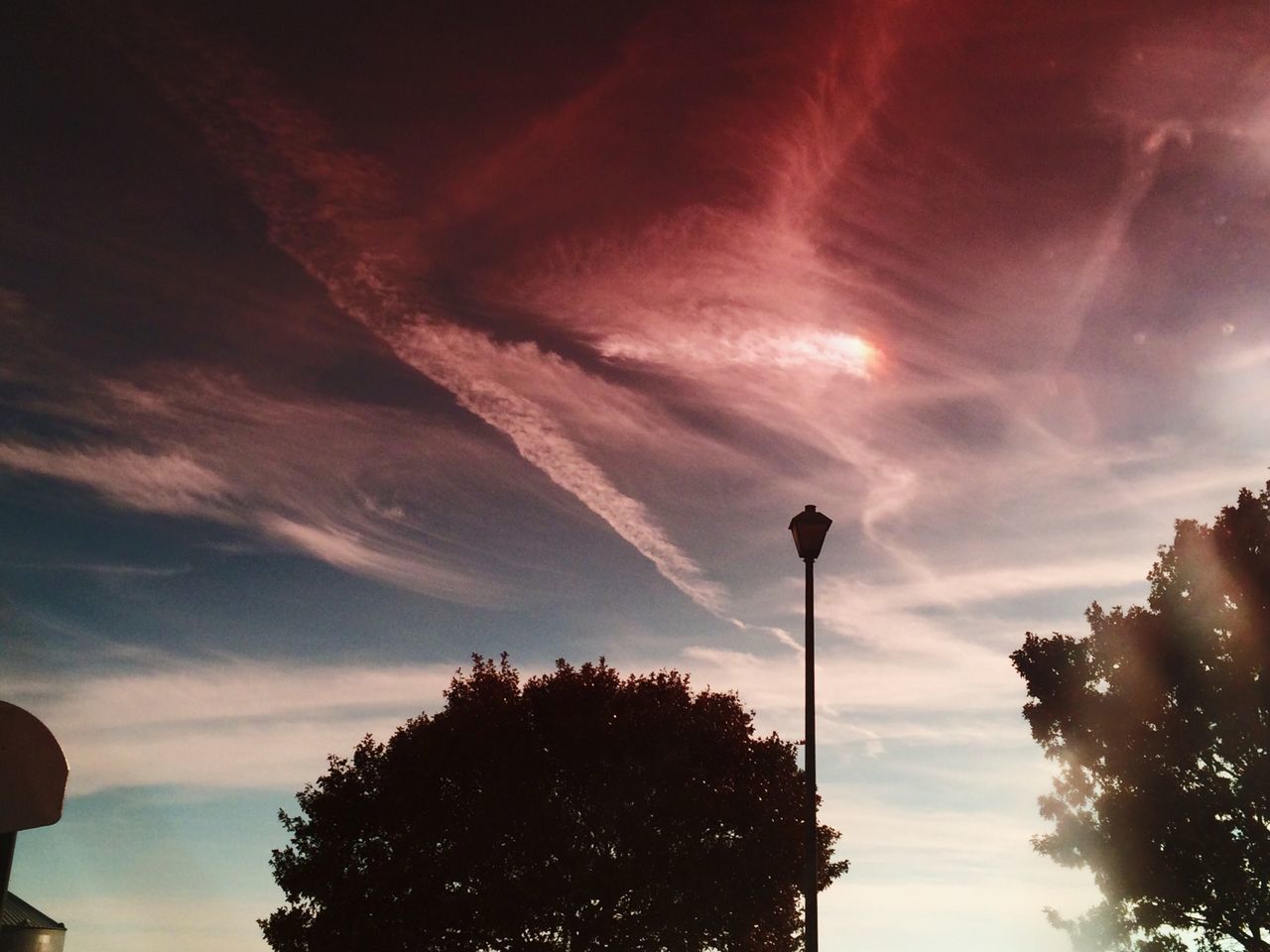 low angle view, tree, sky, silhouette, street light, cloud - sky, lighting equipment, cloud, dusk, nature, sunset, cloudy, beauty in nature, outdoors, no people, high section, building exterior, built structure, tall - high, tranquility