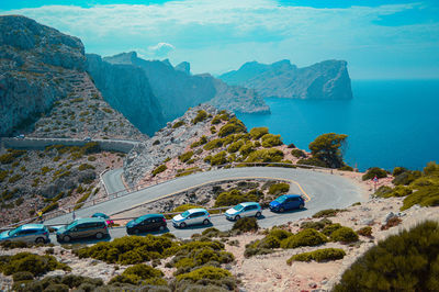 High angle view of road by sea near cap formentor, mallorca 