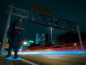 Light trails on road at night