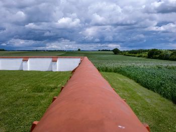 Scenic view of grassy field against cloudy sky