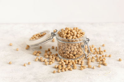 Close-up of food on table against white background