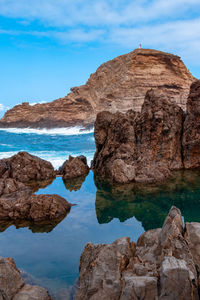 Rock formations by sea against blue sky