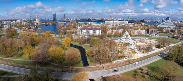 High angle view of buildings in city