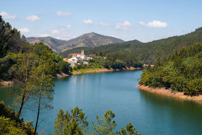 Dornes city and landscape panoramic view with zezere river, in portugal