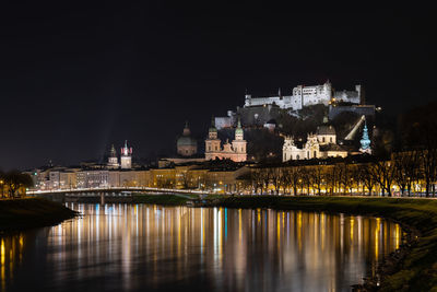 Illuminated bridge over river against buildings at night