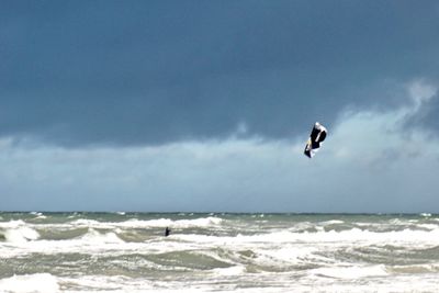 Seagull flying over sea against sky