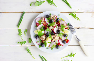 Nicoise salad with tuna, egg, cherry tomatoes and black view, copy space