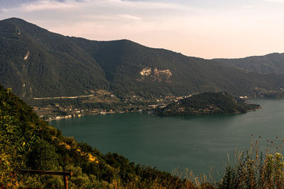 High angle view of bay against sky