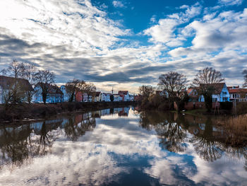 Reflection of trees in lake against sky in city