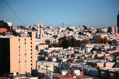 High angle shot of townscape against clear sky