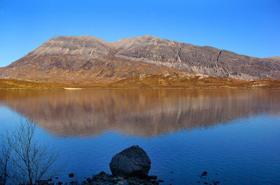 Scenic view of lake and mountains against clear blue sky