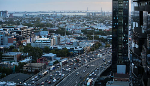 High angle view of street amidst buildings in city