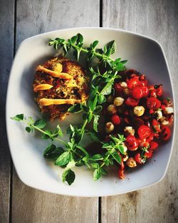 High angle view of salad in bowl on table