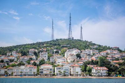 High angle view of buildings and trees against sky