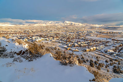 Aerial view of snow covered landscape against sky
