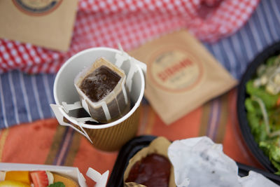 Close-up of dessert served on table