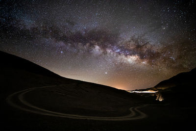 Scenic view of mountains against milky way sky at night