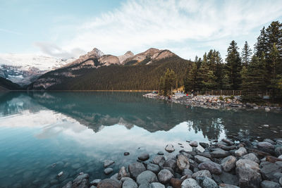 Scenic view of lake by mountains against sky