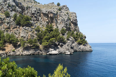 Scenic view of rocks and sea against sky