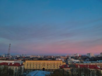 High angle view of townscape against sky at sunset