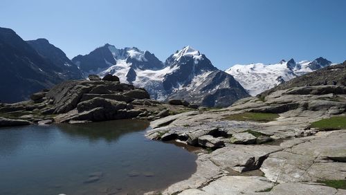 Scenic view of snowcapped mountains against clear sky