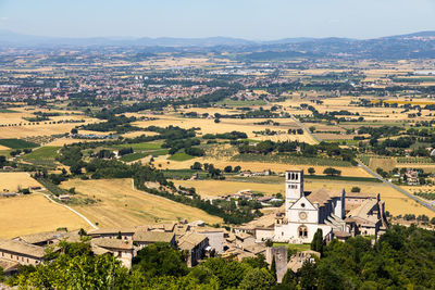 High angle view of buildings against sky