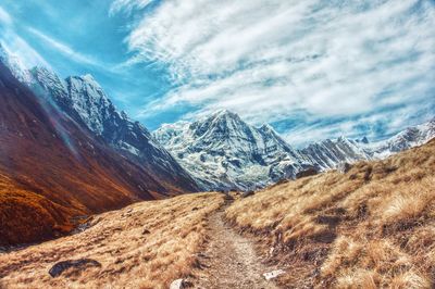Scenic view of snowcapped mountains against sky in nepal 