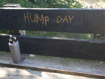 Close-up of text on railing