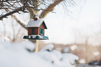 Birdhouse on tree by house during winter