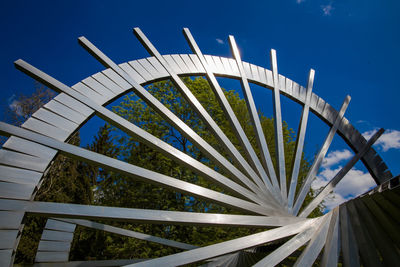 Low angle view of modern building against clear blue sky