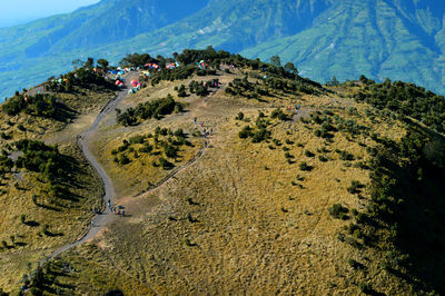 High angle view of road amidst mountains against sky