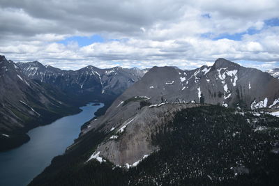 Scenic view of valley against cloudy sky during winter