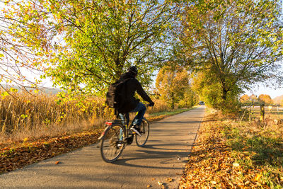 Man riding bicycle on road amidst trees during autumn