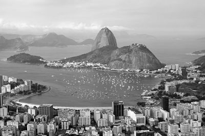 Monochrome aerial view of rio de janeiro with the famous sugarloaf mountain, rio de janeiro, brazil