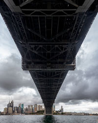 Low angle view of bridge against sydney skyline and cloudy sky