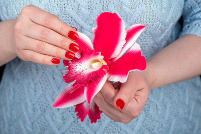 Midsection of woman holding flower