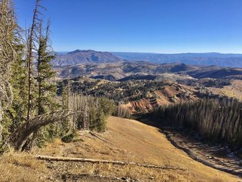 Scenic view of landscape against clear blue sky