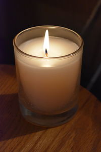 Close-up of tea light candle on table