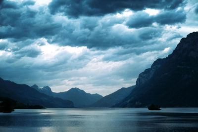 Scenic view of lake and mountains against sky