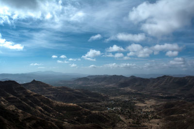 High angle view of countryside landscape against cloudy sky