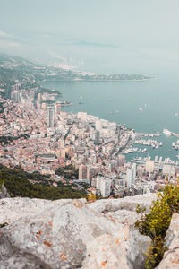 Panoramic view of monaco and sea coast from mountain top. cityscape from above