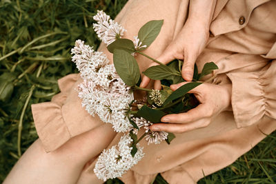 Midsection of woman holding flowering plant