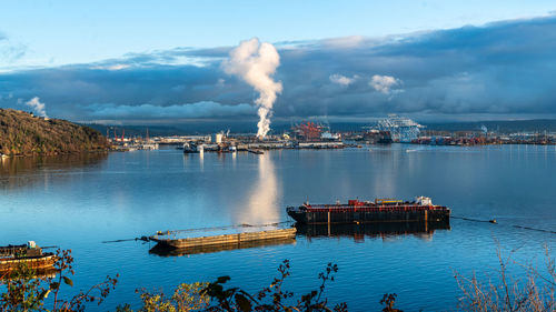 Steam rises at the port of tacom in washington state.