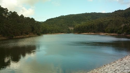 Scenic view of lake against cloudy sky