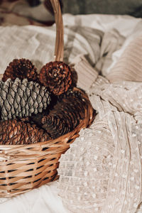 High angle view of pine cone on table at home