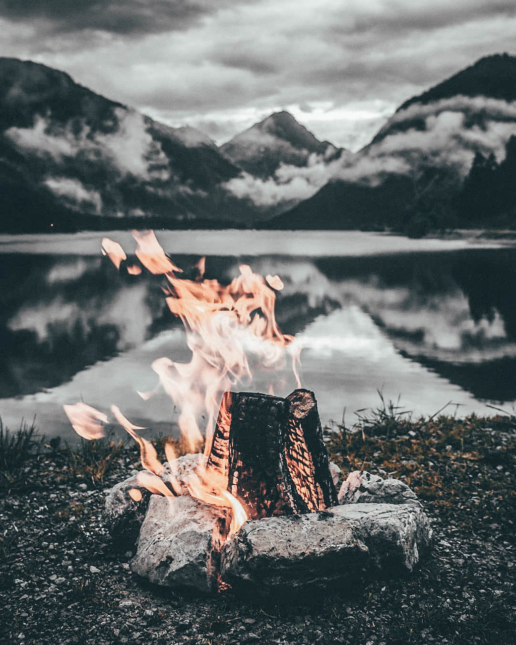 burning, flame, fire, fire - natural phenomenon, heat - temperature, mountain, nature, bonfire, firewood, cloud - sky, wood, log, wood - material, lake, sky, campfire, glowing, day, tree, no people, outdoors