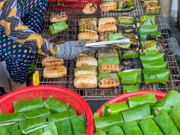 High angle view of vegetables for sale at market stall